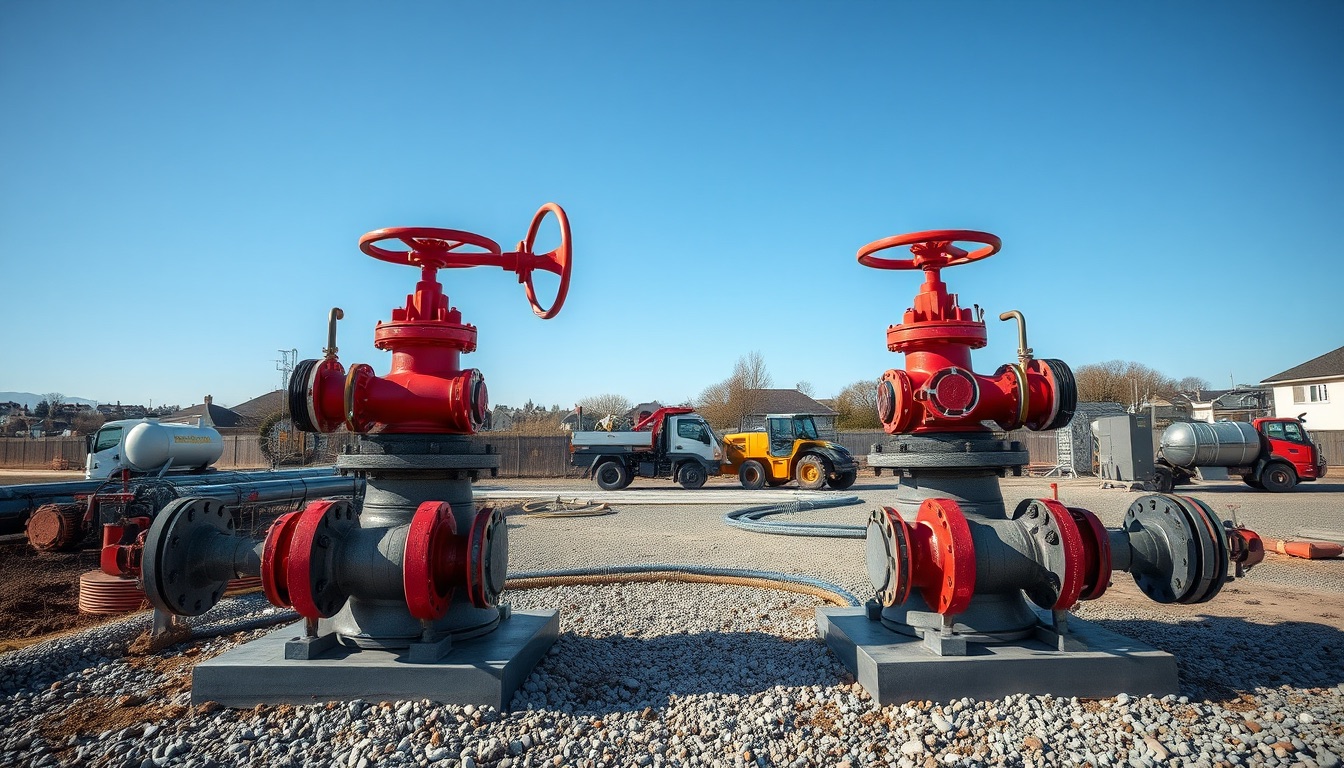 Two steel wellheads with red valves, insulated pipelines, heat exchangers, a drilling rig, mud tanks and pipe racks