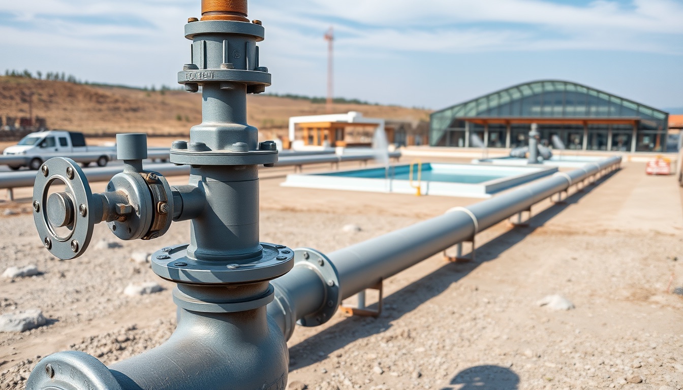 Steel wellhead with valve manifold, insulated pipelines leading to steaming thermal pools, glass-roofed pool hall and saunas behind, clear sky