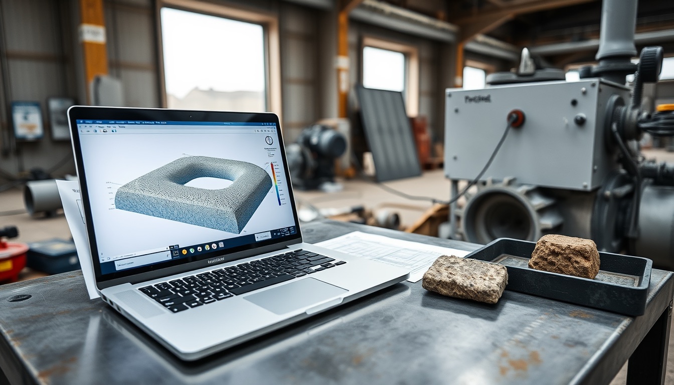 Close-up of a laptop on a steel workbench; screen shows a three-dimensional reservoir simulation with two curved J-type well paths, beside printed well-log plots and a rock core in a tray