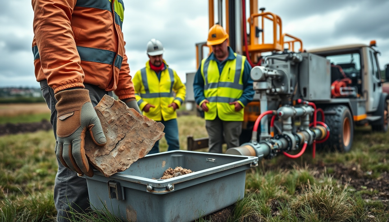 Rękawice geologa trzymają rdzeń skalny przy skrzyni, inżynierowie w kamizelkach badają kolektor gruntowy, w tle świder na ciężarówce