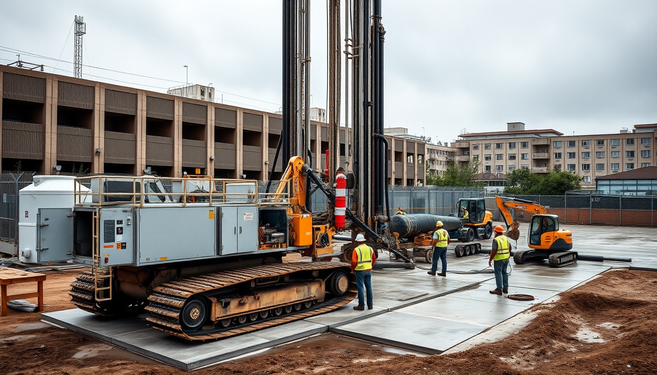 Drilling rig on concrete slabs, drill pipes, mud tanks, blowout preventer and workers in helmets beside an excavator