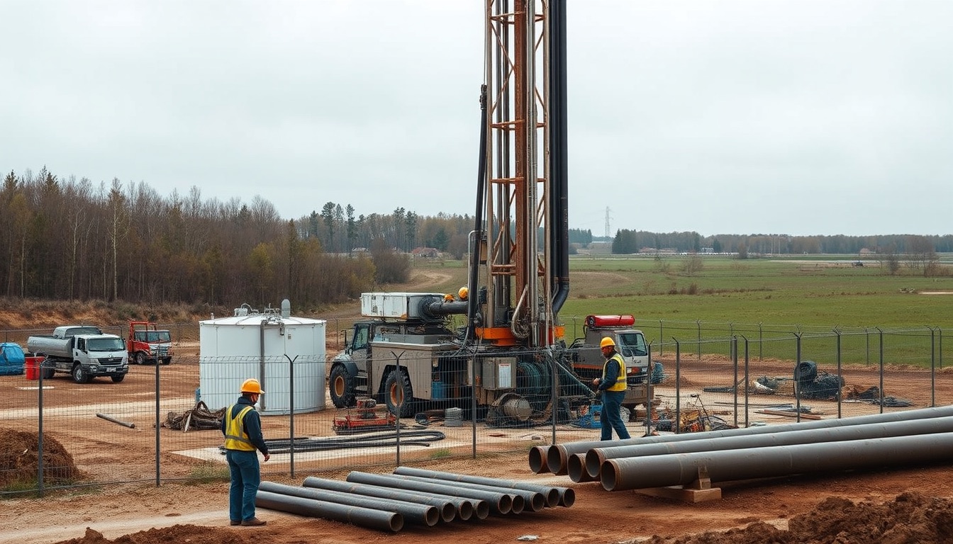 Derrick on a fenced plot, mud tanks, blowout preventer, workers in helmets beside casing pipes