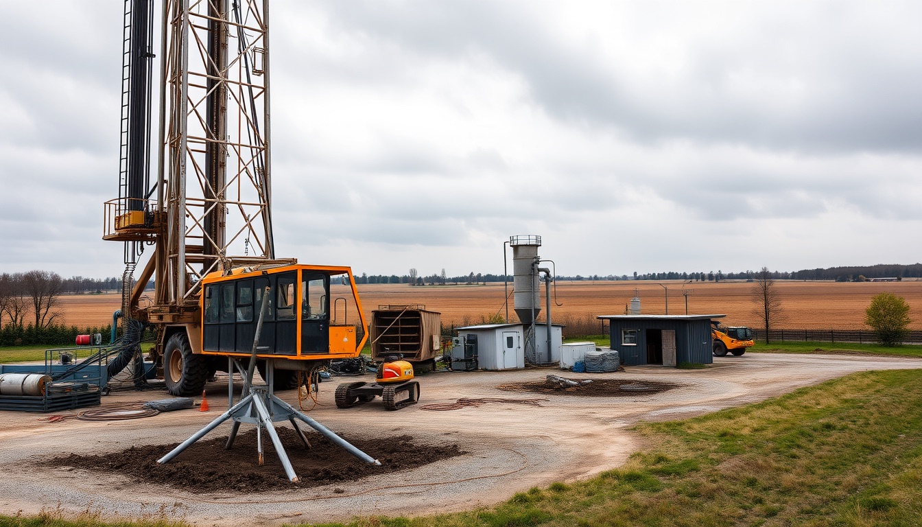 Drilling rig derrick over a wellsite, drill pipe and mud tanks, shale shakers, blowout preventer, site cabins and substation among flat fields