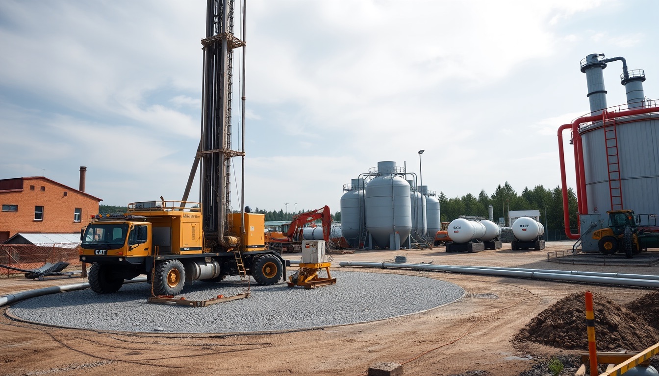 Derrick drilling rig on gravel pad, blowout preventer stack, steel mud tanks, and insulated thermal-water pipelines to a heating plant
