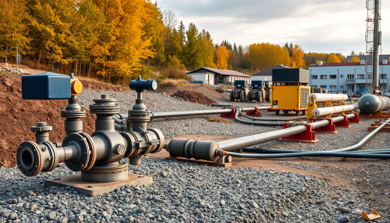 Geothermal wellhead with steel valves and pressure gauges on a gravel pad, insulated HDPE pipelines, shell-and-tube heat exchangers, low-rise buildings and autumn trees