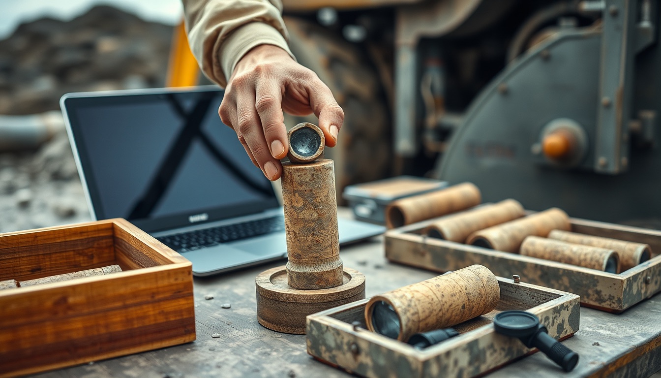 Ręka geologa podnosi cylindryczny rdzeń skalny z drewnianej skrzynki obok laptopa, w tacach więcej rdzeni, na stole lupa