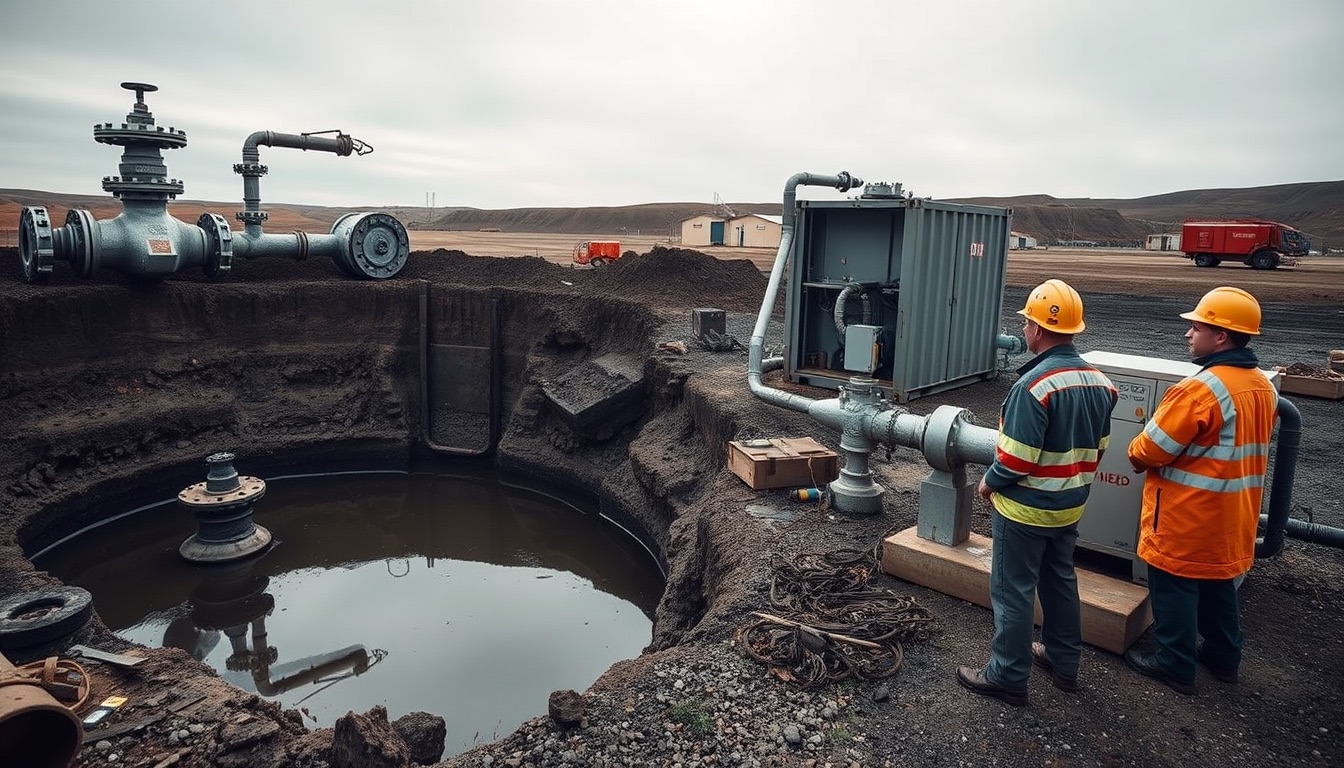 Flooded shaft with steel wellhead and valves, insulated pipeline to containerised heat pump, plate heat exchanger, engineers checking pressure gauge