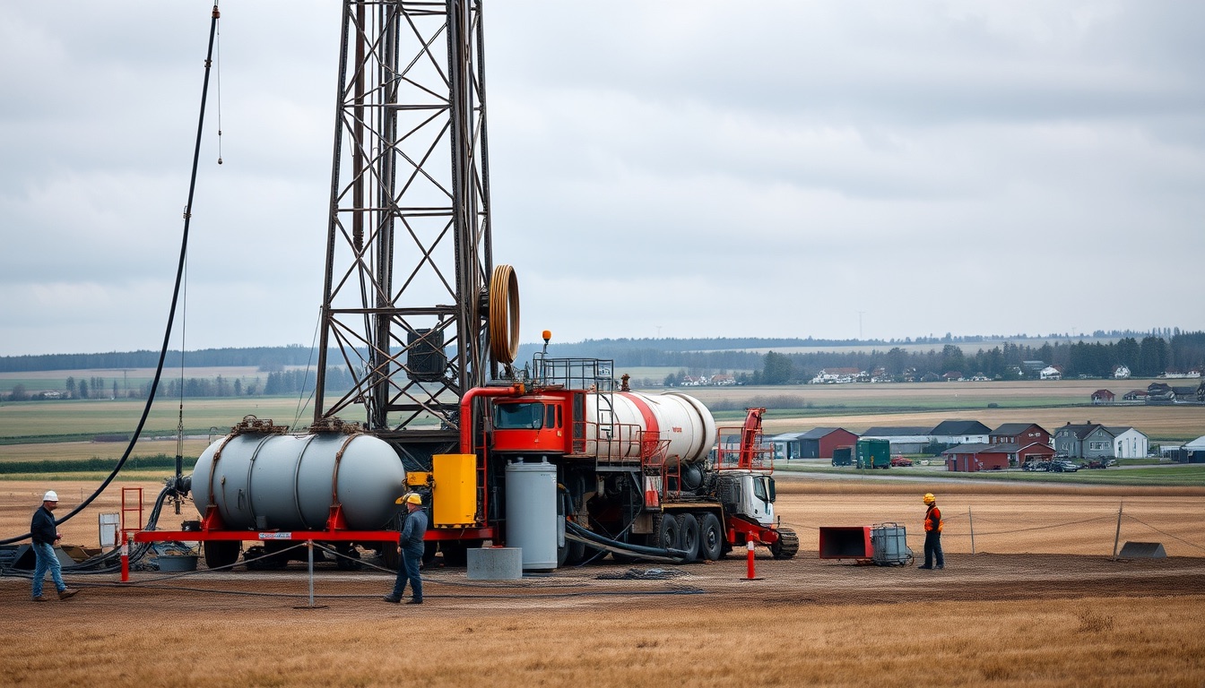 Steel drilling derrick in a field, mud tanks, blowout preventer, valves and workers in helmets