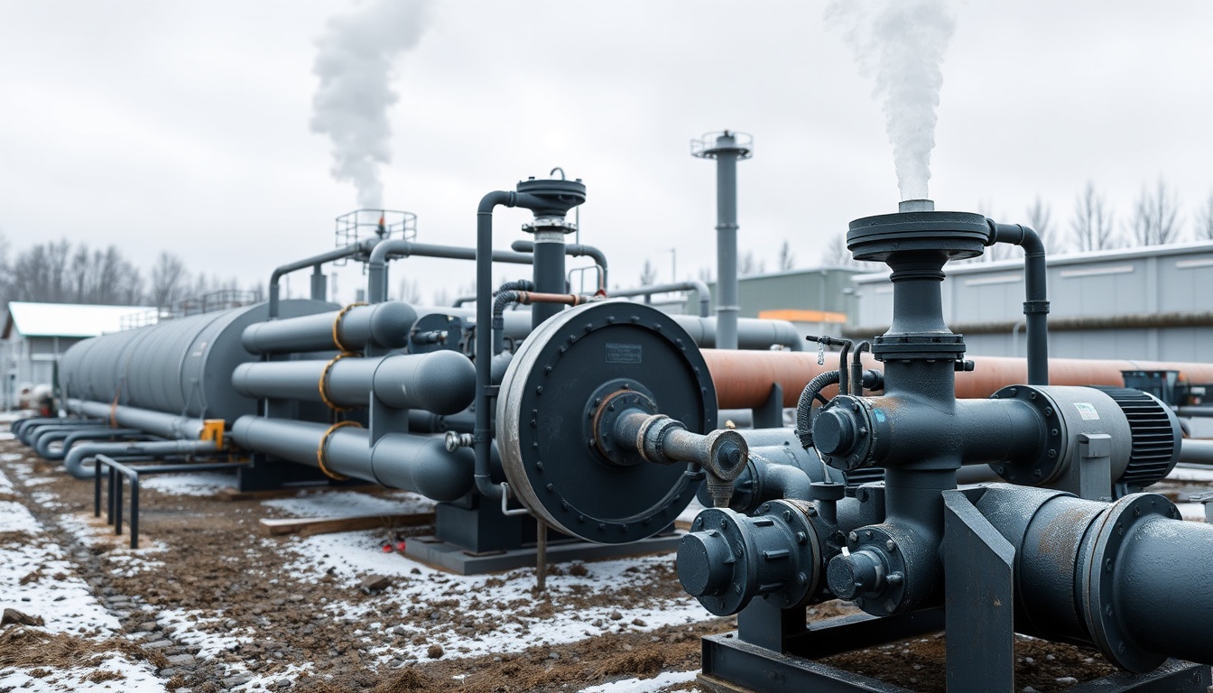 Insulated steel pipelines, plate heat exchangers, circulation pumps, wellhead with valves, steam rising from a well, snow-dusted ground, overcast sky